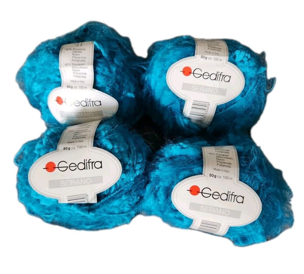 Gedifra Serano Yarn Lot 4 Teal Blue Eyelash Fuzzy Novelty Italy 50g 100m